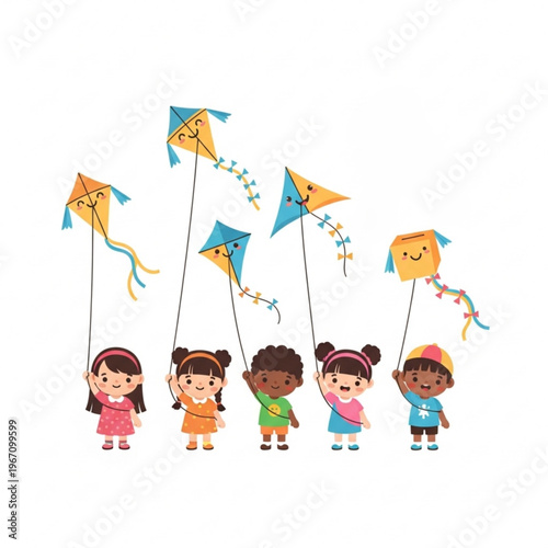 Group of children happily flying colorful kites in a sunny park  