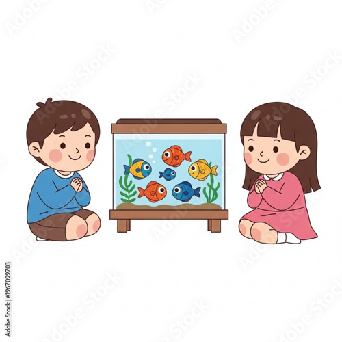 Two children admiring colorful fish in aquarium at home  