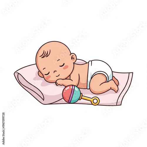 Newborn baby sleeping on towel beside colorful rattle toy  