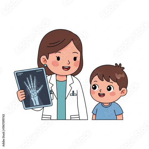 Pediatrician showing X-ray to smiling child in medical office  