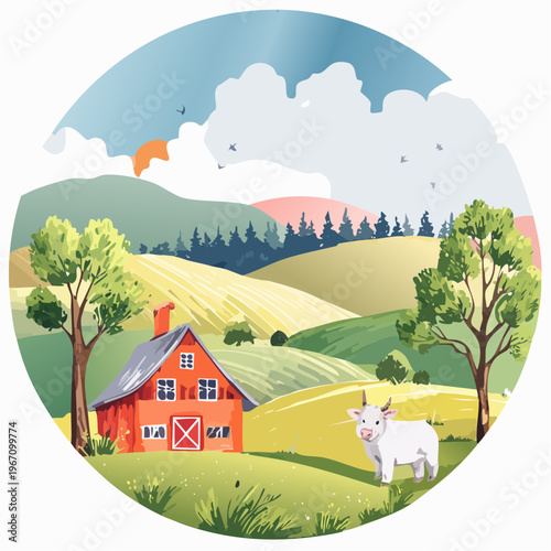 Aquarell-Landschaft mit Bauernhof, Tieren und grünen Hügeln