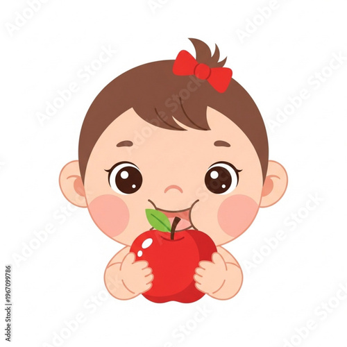 Toddler girl smiling while holding an apple with a red bow  