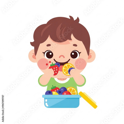 Toddler happily eating fruits from a container in a playful setting  