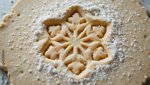 Intricately Designed Snowflake Cookie with Dusting of Powdered Sugar on Light Surface