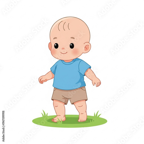 Toddler walking barefoot on grass in a cheerful expression  