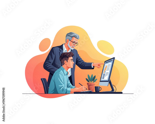 Experienced senior manager mentoring young male employee at office desk with computer, concept of professional coaching, career development, apprenticeship and leadership training flat vector.