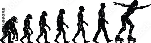Human evolution silhouettes, primate to modern figure, roller skating lifestyle, protective gear, recreational activity, humorous concept, vector illustration composition