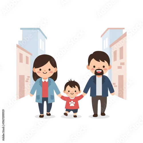 Family walking together in alley with smiling toddler in center  