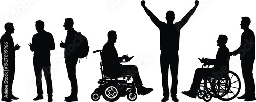 Inclusive silhouettes, people with disabilities, wheelchair users, communication support, triumphant pose, diverse interaction, lifestyle vector, empowerment illustration composition