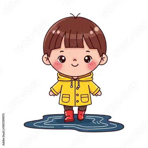 Child in yellow raincoat standing in puddle with red boots  