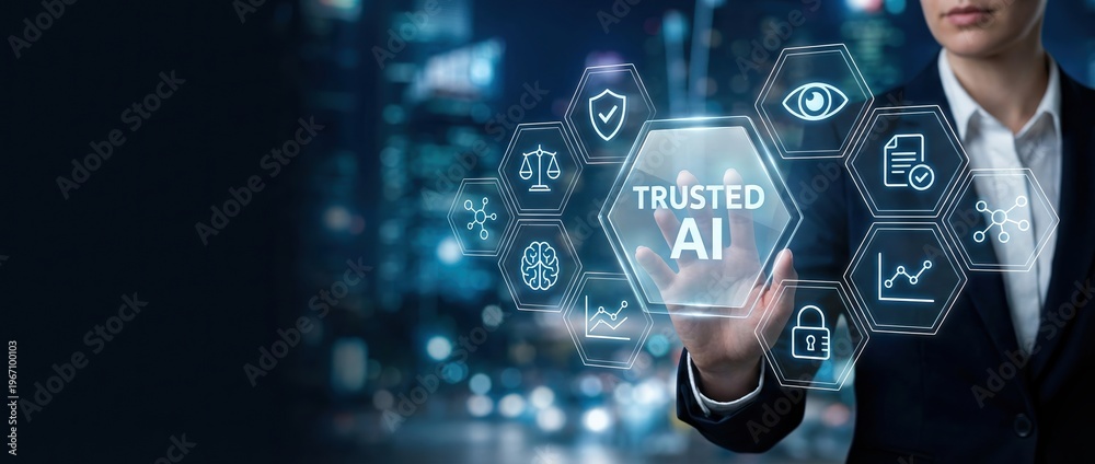 Fototapeta premium Trusted AI, artificial intelligence, ethical AI, data security, digital governance, business compliance, technology innovation concept with a businesswoman and futuristic interface.