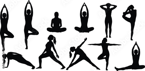 Yoga silhouettes, meditation balance, stretching posture, plank position, flexibility strength, wellness lifestyle, fitness vector, body mind harmony illustration composition