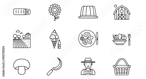 Editable Food and Farm Icon Set with Barn Sunflower Ice Cream Wine Farmer Vector