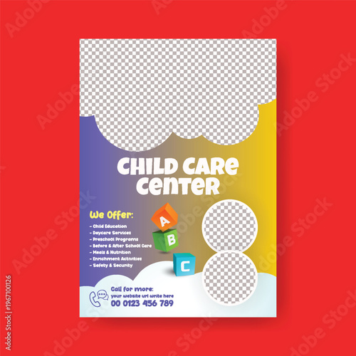 Childcare Services A4 Flyer Editable Template for Daycare Preschool Kids Care Babysitting Nanny Services Summer Camp Poster Design Modern Clean Minimal Colorful Vector Marketing Promotion Design