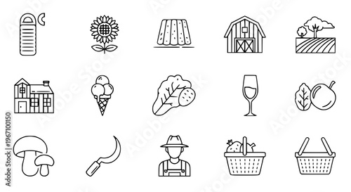 Food and Farm Icons Set with Barn Sunflower Ice Cream Wine Farmer Editable Vector