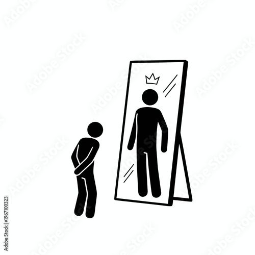 Minimalist stick figure character looking in the mirror and seeing a reflection of themselves wearing a crown as a symbol of confidence.