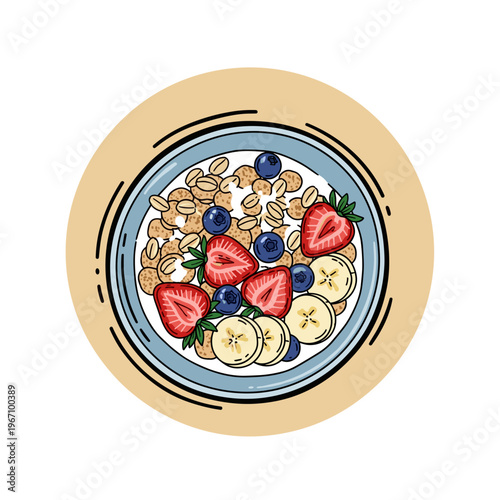 cereal bowl breakfast food with milk and fruit healthy morning meal. Used for nutrition, lifestyle, and breakfast concepts