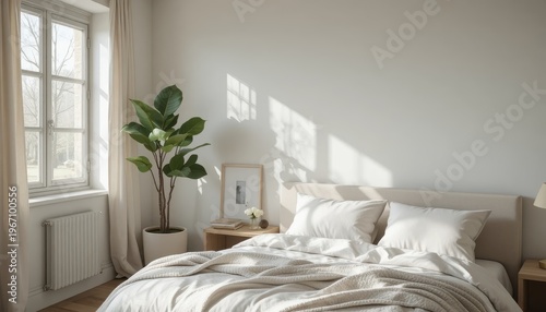 Bright, Minimalist Bedroom with Cozy Bedding and Potted Plant in Natural Light from Window