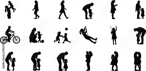 Family silhouettes, parent child bonding, outdoor play, walking hugging lifting, bicycle riding, swinging communication, parenting illustration, lifestyle vector, emotional connection composition