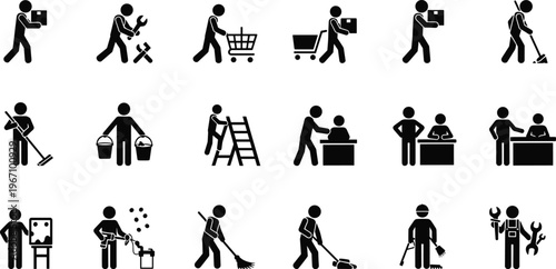 Work activity silhouettes, manual labor tasks, cleaning service, construction tools, shopping cart, teamwork illustration, occupational vector, industrial design composition