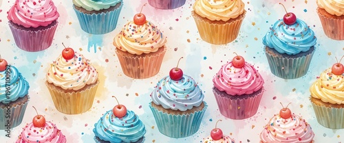 Colorful Cupcake Pattern with Frosting and Sprinkles on a Light Background