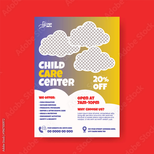 Babysitting Nanny Services Childcare A4 Flyer Editable Template for Daycare Preschool Kids Care Summer Camp Poster Design Modern Clean Minimal Colorful Vector Marketing Promotion Printable Layout