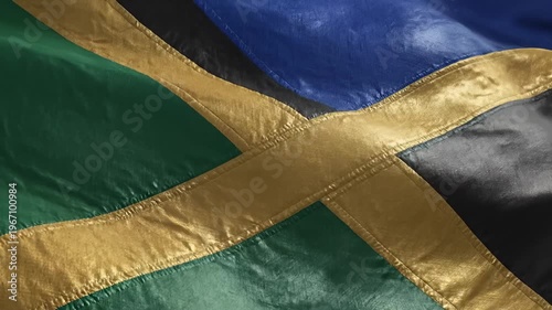 Close-Up of a Waving Flag With Green, Gold, Black, and Blue Sections