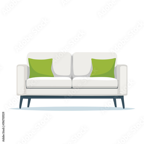 Modern white sofa with green cushions isolated on white background