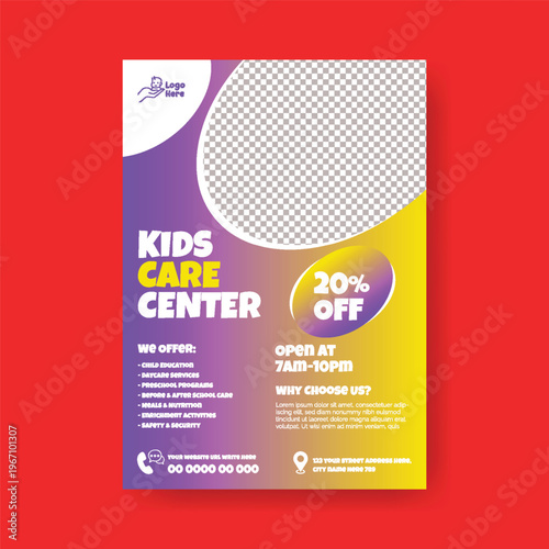Kids Care Childcare Daycare A4 Flyer Editable Template for Preschool Babysitting Nanny Services Summer Camp Poster Design Modern Clean Minimal Colorful Vector Marketing Promotion Printable Design