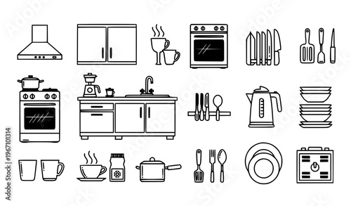 Kitchen elements black and white vector set with appliances utensils and furniture in minimal outline icon style