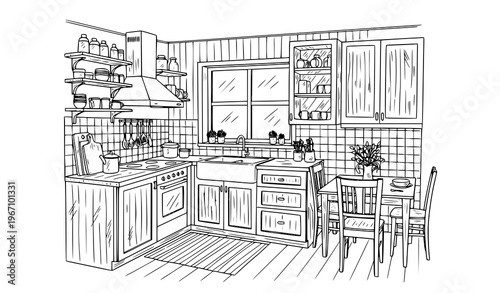 Cozy kitchen corner interior sketch vector in black and white with shelves window and dining table perspective