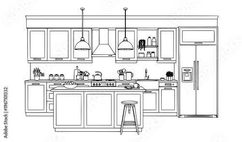 Modern kitchen interior black and white line art vector with cabinets island and appliances in clean outline style
