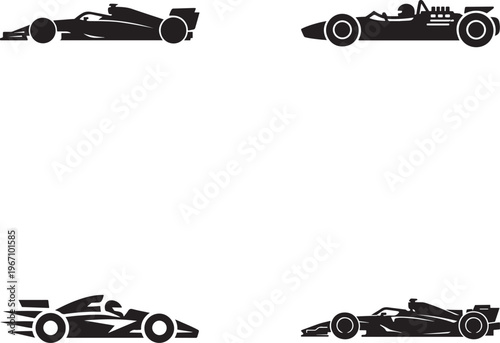 Race car icon set with simple design. Clean motorsport vehicle symbols for speed and racing themes.