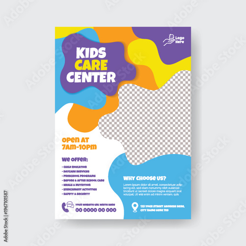 Preschool Childcare Daycare A4 Flyer Editable Template for Kids Care Babysitting Nanny Services Summer Camp Poster Design Modern Clean Minimal Colorful Vector Marketing Promotion Printable Layout