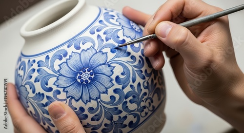 Artist meticulously painting intricate blue designs on a ceramic vase with fine brush strokes