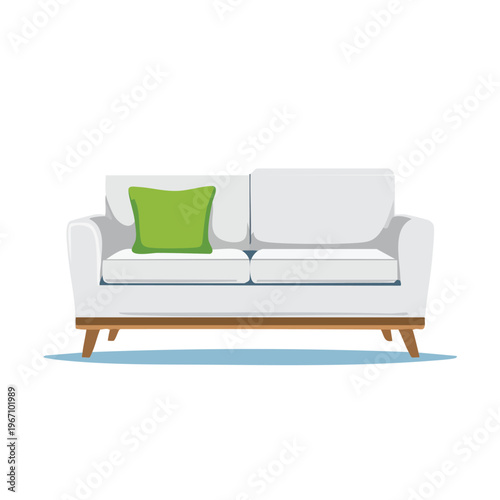 Modern white sofa with green cushions isolated on white background