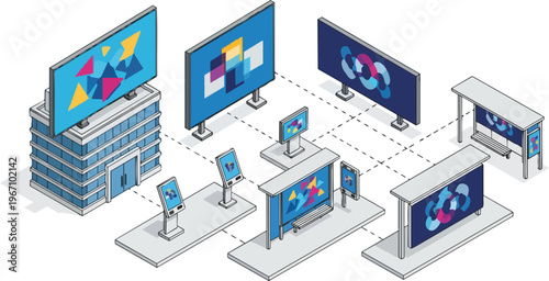 Isometric Digital Signage Network and Outdoor Advertising Billboard Set with Bus Shelter and Kiosk Displays