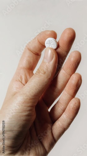 Hand holding a white round pill.