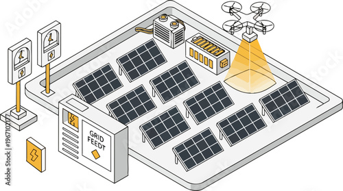Solar Farm with Drone Inspection and Battery Storage Energy Infrastructure - Isometric Illustration
