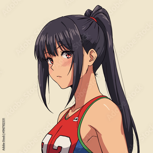 Anime girl with long black hair in red sports jersey looking sideways confidently strong