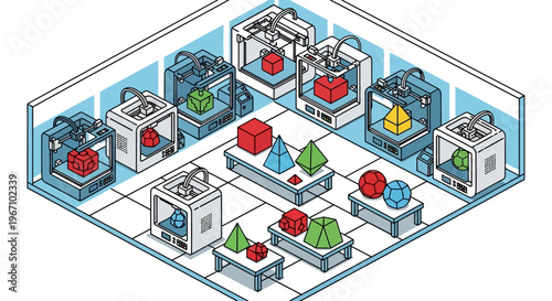 Multiple 3D printers creating objects in a modern workshop.