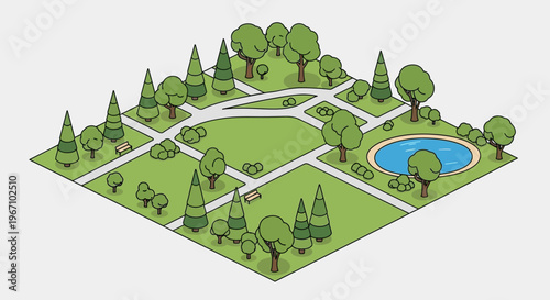 Isometric View of a Lush Green City Park with Pond and Paths.