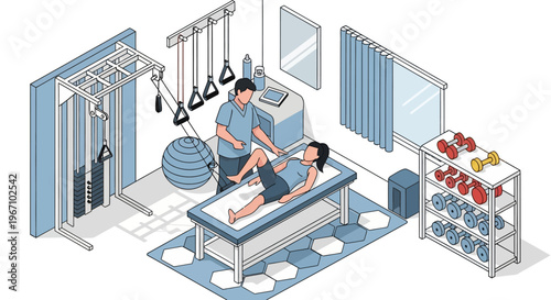 Physical therapist assisting patient with leg exercise on therapy table.