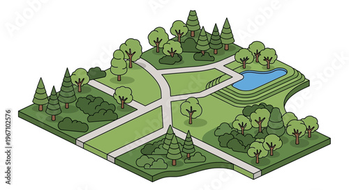 Isometric map of a green park with trees and a pond.