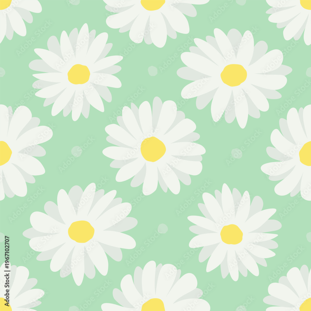 Obraz premium Seamless pattern of daisies on green background. Vector chamomile.
