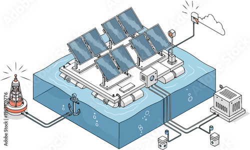 Isometric Illustration of a Floating Solar Farm on Water with Infrastructure, Pontoons, and Substation. Sustainable Renewable Green Energy Concept.