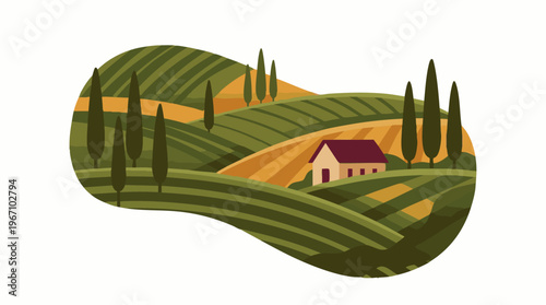 Vector illustration of rolling green hills, a farmhouse, and cypress trees