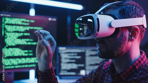 Man Wearing Vr Headset Interacting With Code on Computer Screens in Dark Room