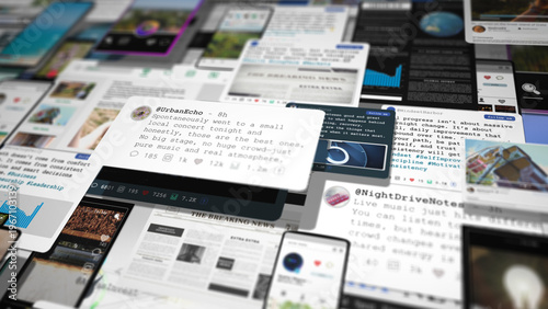 Layered composition of social media posts, notifications, and digital interfaces illustrating modern information overload, constant connectivity, and fragmented online attention.
