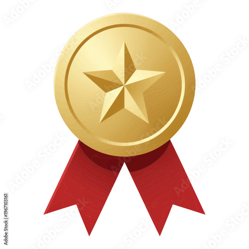 Gold Star Badge Vector Icon With Red Ribbon